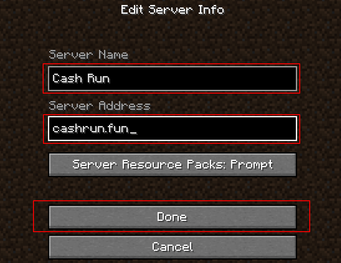 Minecraft Add Server dialog with Cashrun server details